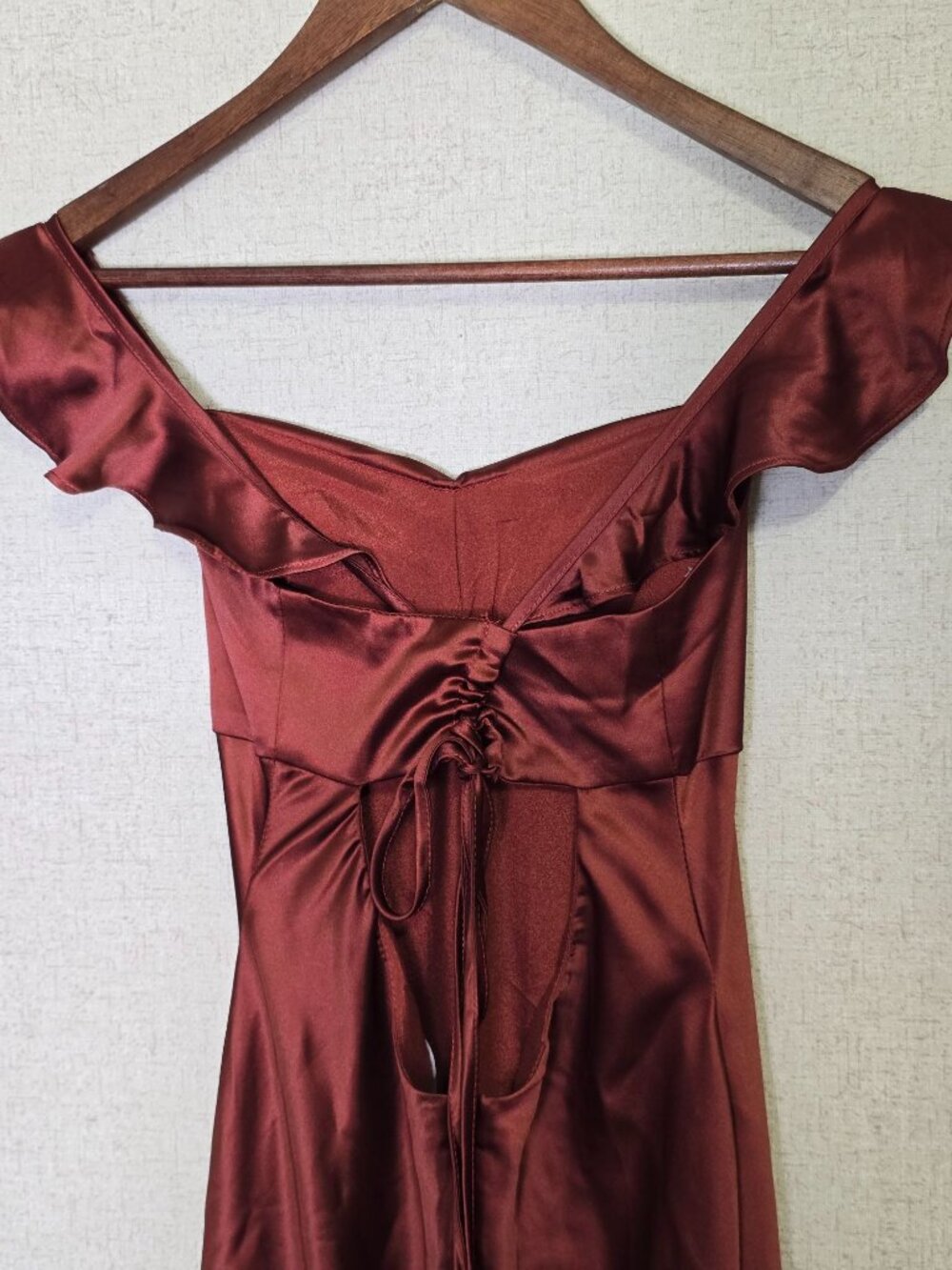 Lulus Small Rust Red Exuberant Luxury Satin Ruffled Lace Up Maxi Dress - Picture 7 of 8